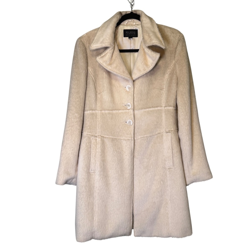 Wilsons Leather Pelle Studio Cream Alpaca Wool Rabbit Fur Coat Womens Medium M